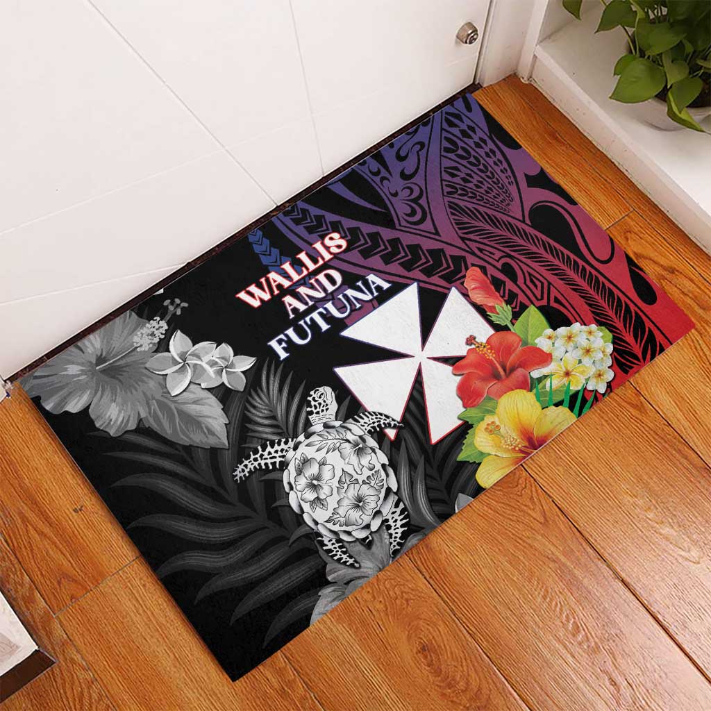 Wallis and Futuna Bastille Day Rubber Doormat Tropical Turtle Hibiscus Polynesian Pattern LT05 - Polynesian Pride