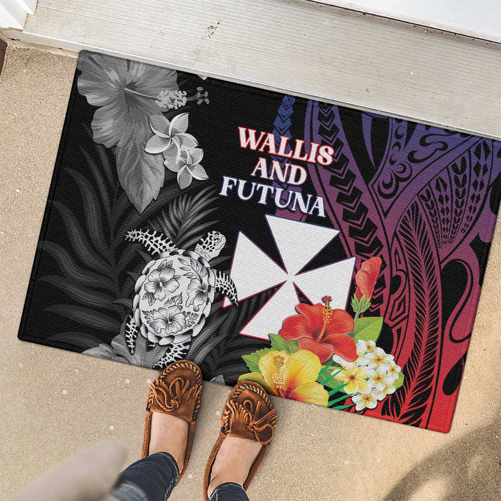 Wallis and Futuna Bastille Day Rubber Doormat Tropical Turtle Hibiscus Polynesian Pattern LT05 - Polynesian Pride