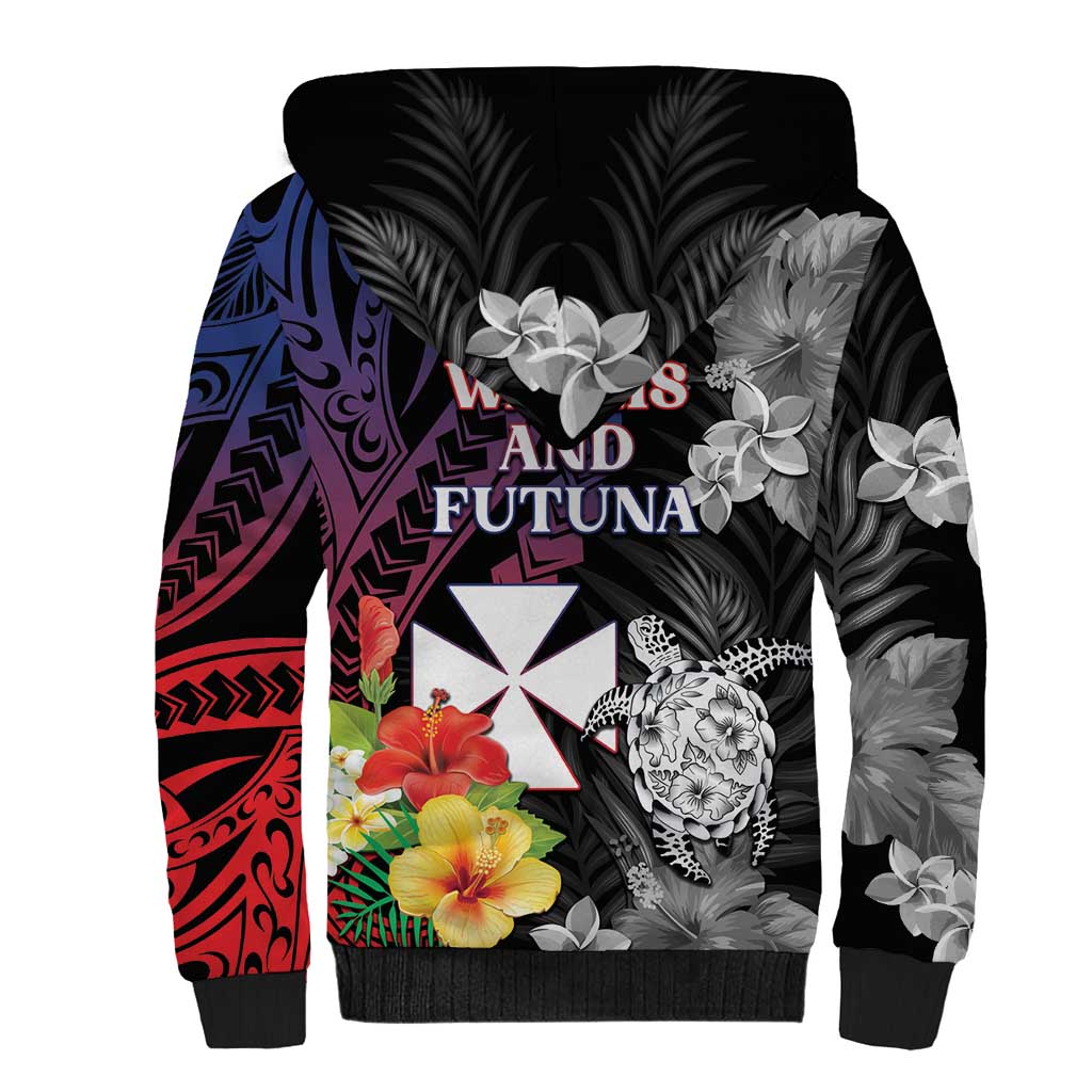 Wallis and Futuna Bastille Day Sherpa Hoodie Tropical Turtle Hibiscus Polynesian Pattern