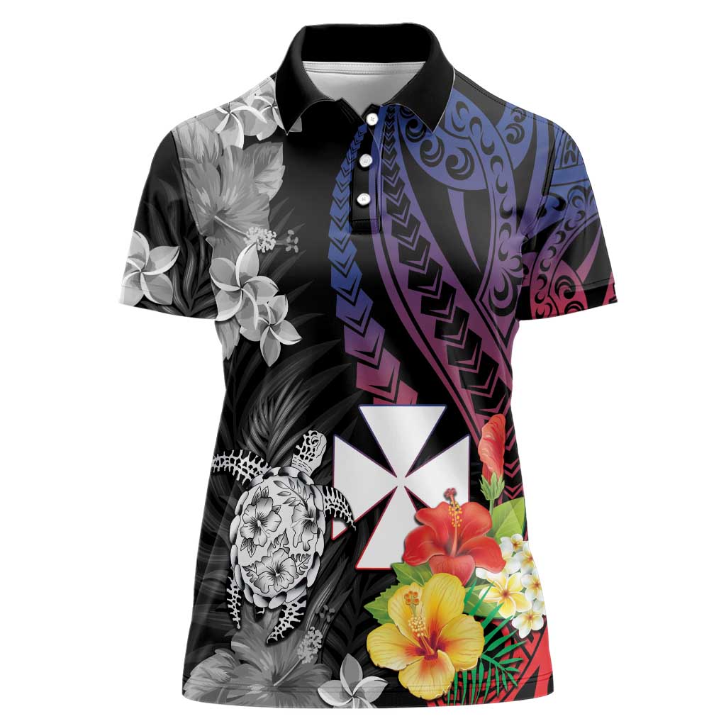 Wallis and Futuna Bastille Day Women Polo Shirt Tropical Turtle Hibiscus Polynesian Pattern