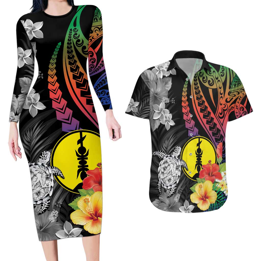 New Caledonia Bastille Day Couples Matching Long Sleeve Bodycon Dress and Hawaiian Shirt Tropical Turtle Hibiscus Polynesian Pattern