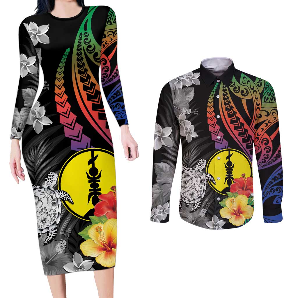 New Caledonia Bastille Day Couples Matching Long Sleeve Bodycon Dress and Long Sleeve Button Shirt Tropical Turtle Hibiscus Polynesian Pattern