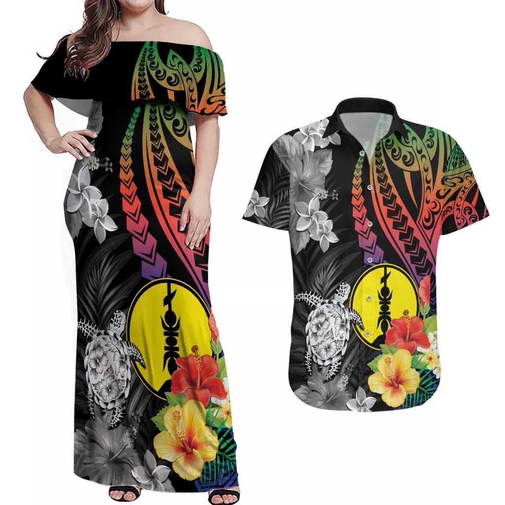 New Caledonia Bastille Day Couples Matching Off Shoulder Maxi Dress and Hawaiian Shirt Tropical Turtle Hibiscus Polynesian Pattern