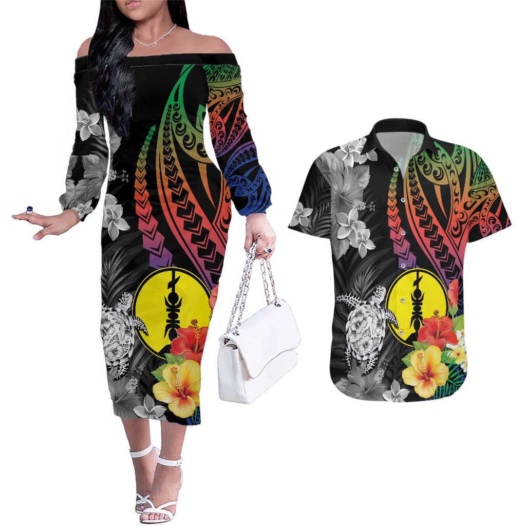 New Caledonia Bastille Day Couples Matching Off The Shoulder Long Sleeve Dress and Hawaiian Shirt Tropical Turtle Hibiscus Polynesian Pattern