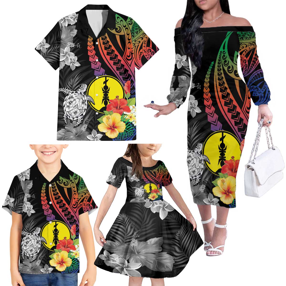 New Caledonia Bastille Day Family Matching Off The Shoulder Long Sleeve Dress and Hawaiian Shirt Tropical Turtle Hibiscus Polynesian Pattern