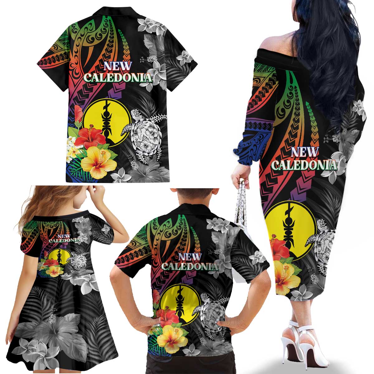 New Caledonia Bastille Day Family Matching Off The Shoulder Long Sleeve Dress and Hawaiian Shirt Tropical Turtle Hibiscus Polynesian Pattern