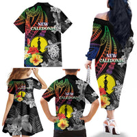 New Caledonia Bastille Day Family Matching Off The Shoulder Long Sleeve Dress and Hawaiian Shirt Tropical Turtle Hibiscus Polynesian Pattern