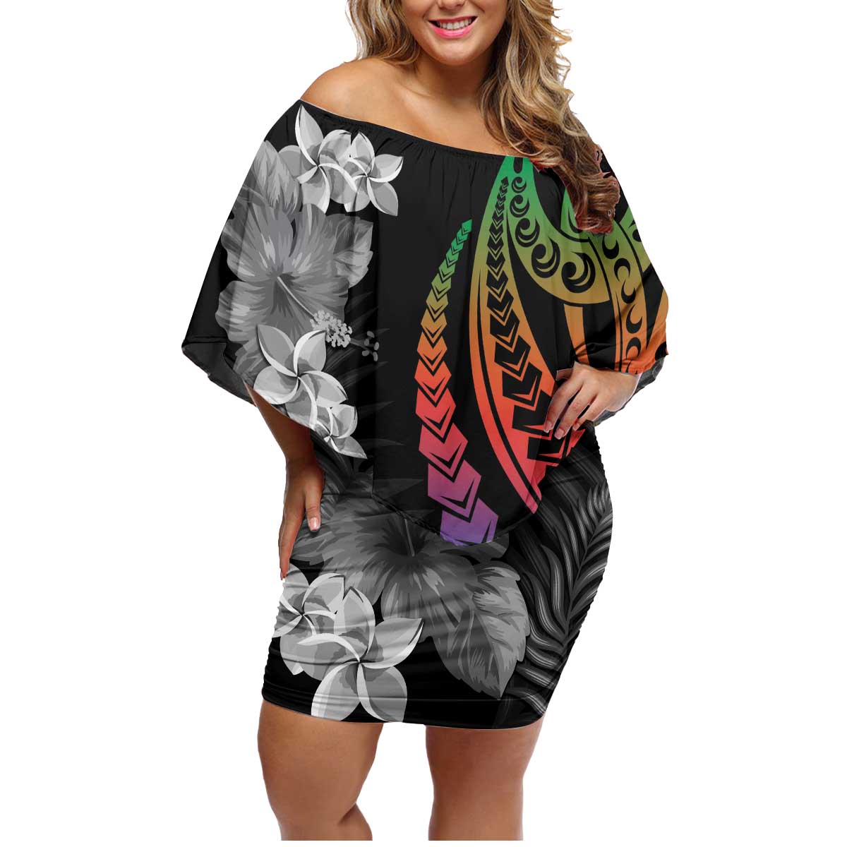 New Caledonia Bastille Day Family Matching Off Shoulder Short Dress and Hawaiian Shirt Tropical Turtle Hibiscus Polynesian Pattern