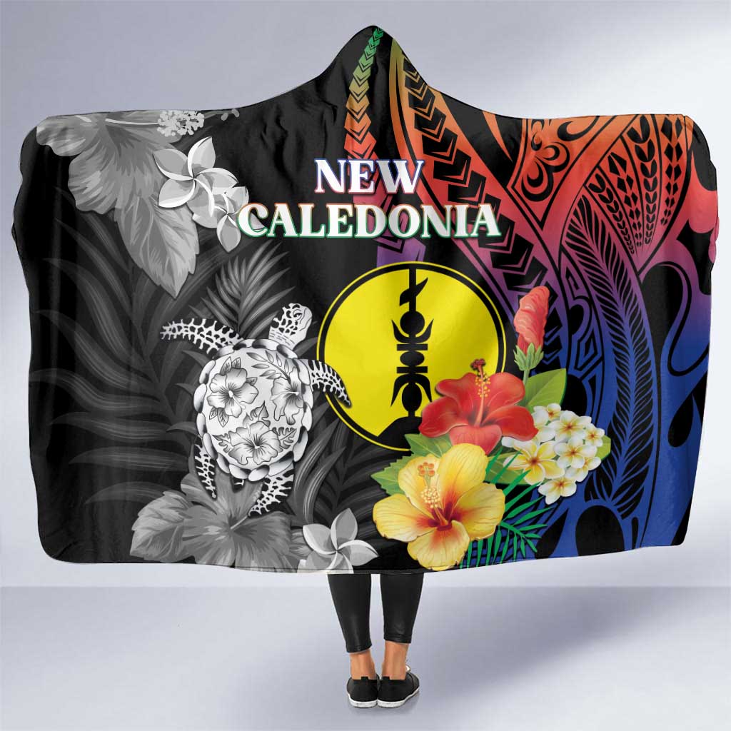 New Caledonia Bastille Day Hooded Blanket Tropical Turtle Hibiscus Polynesian Pattern LT05 One Size Black - Polynesian Pride