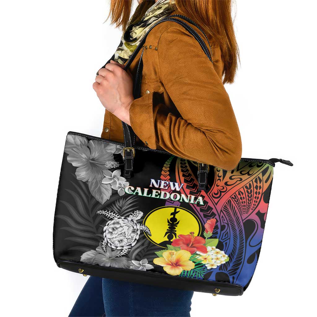 New Caledonia Bastille Day Leather Tote Bag Tropical Turtle Hibiscus Polynesian Pattern LT05 Black - Polynesian Pride