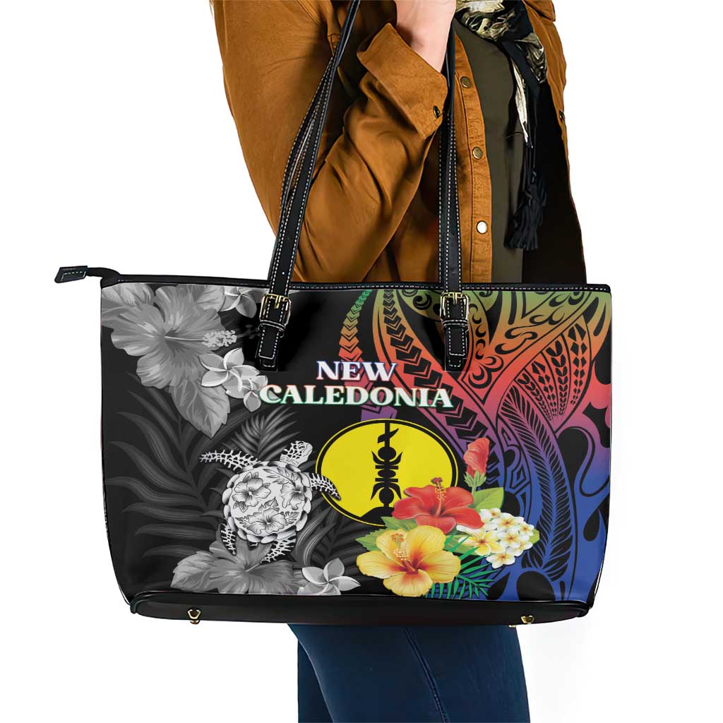 New Caledonia Bastille Day Leather Tote Bag Tropical Turtle Hibiscus Polynesian Pattern LT05 - Polynesian Pride