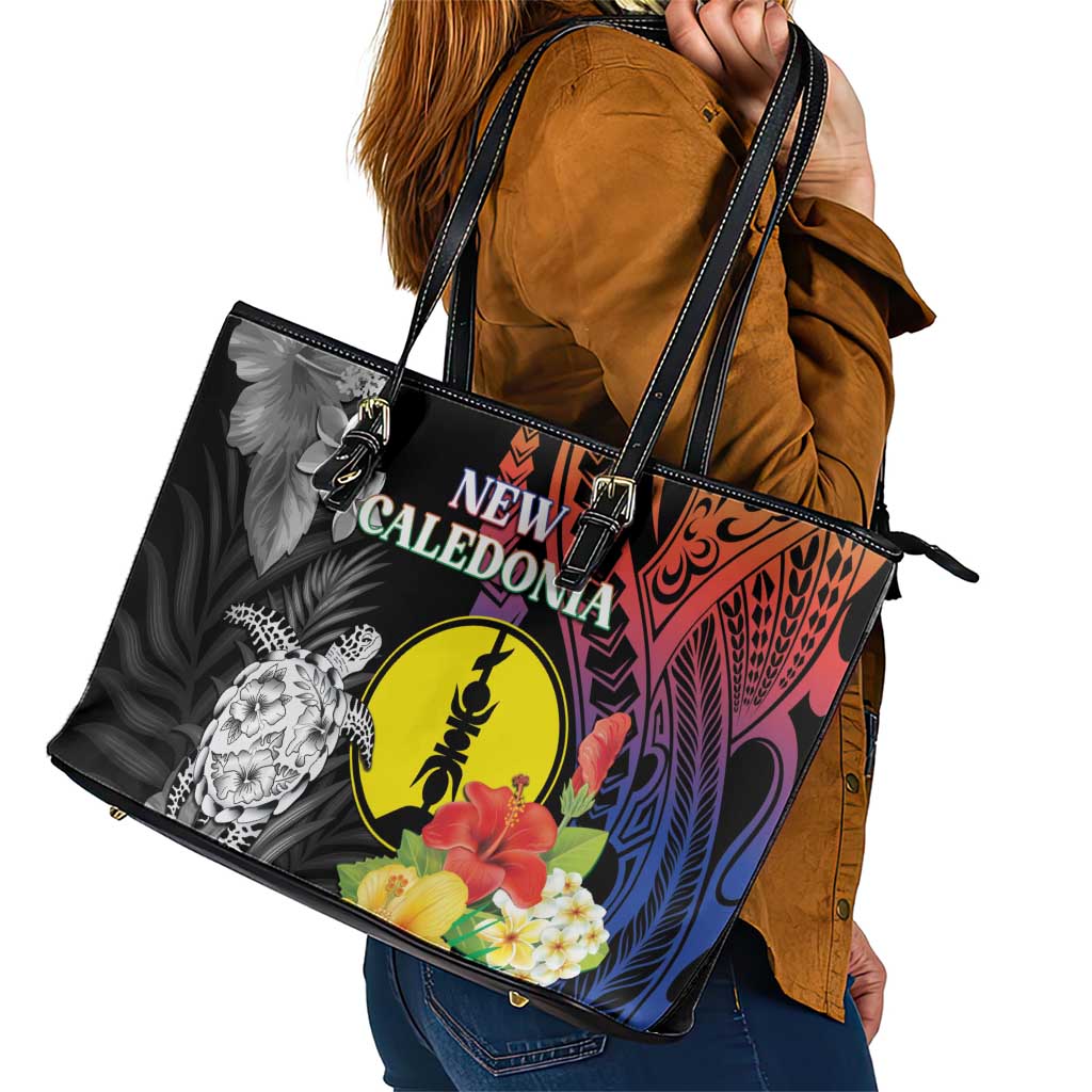 New Caledonia Bastille Day Leather Tote Bag Tropical Turtle Hibiscus Polynesian Pattern LT05 - Polynesian Pride