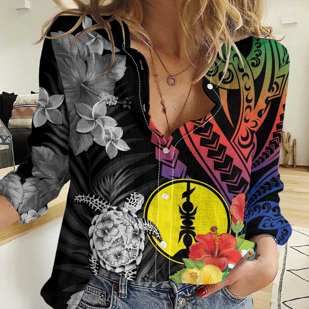 New Caledonia Bastille Day Women Casual Shirt Tropical Turtle Hibiscus Polynesian Pattern LT05 Female Black - Polynesian Pride
