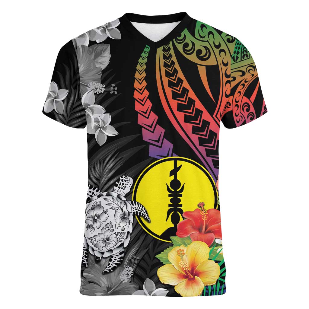 New Caledonia Bastille Day Women V-Neck T-Shirt Tropical Turtle Hibiscus Polynesian Pattern LT05 Female Black - Polynesian Pride