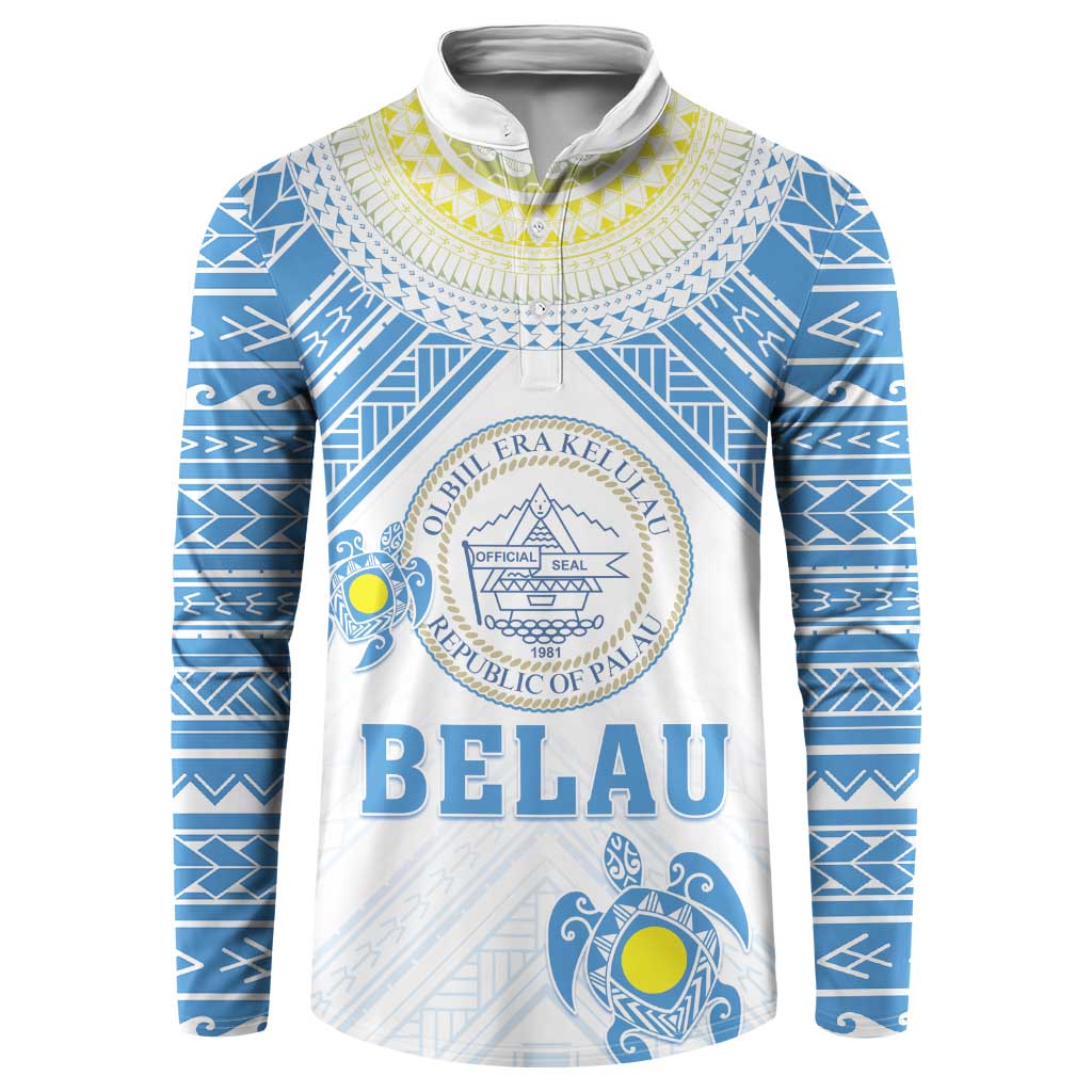 Personalised Palau Constitution Day Button Sweatshirt Polynesian Turtle LT05 Blue - Polynesian Pride