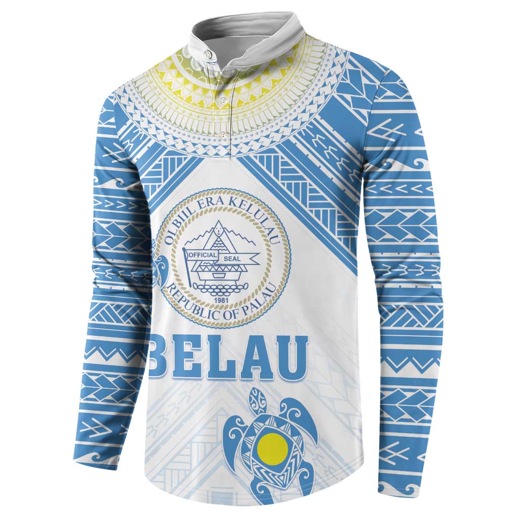 Personalised Palau Constitution Day Button Sweatshirt Polynesian Turtle LT05 - Polynesian Pride