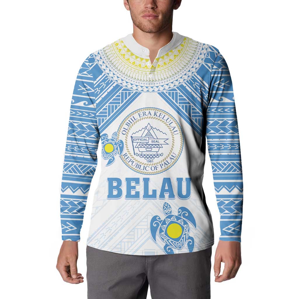 Personalised Palau Constitution Day Button Sweatshirt Polynesian Turtle LT05 - Polynesian Pride