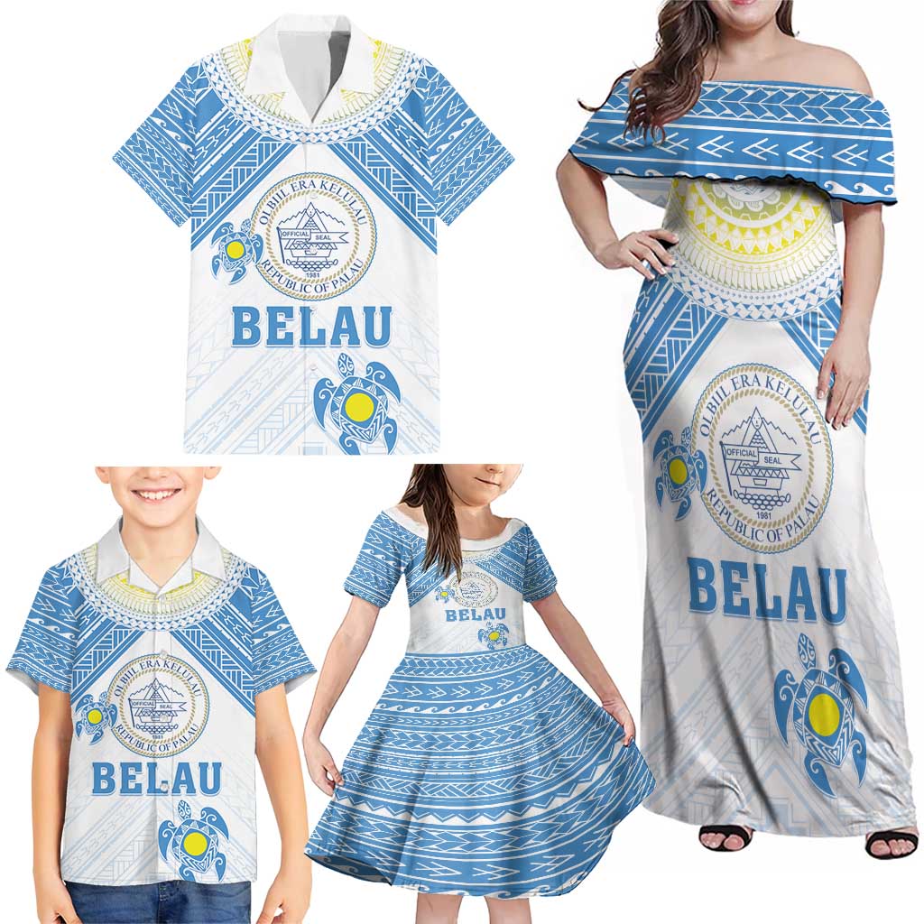 Personalised Palau Constitution Day Family Matching Off Shoulder Maxi Dress and Hawaiian Shirt Polynesian Turtle LT05 - Polynesian Pride