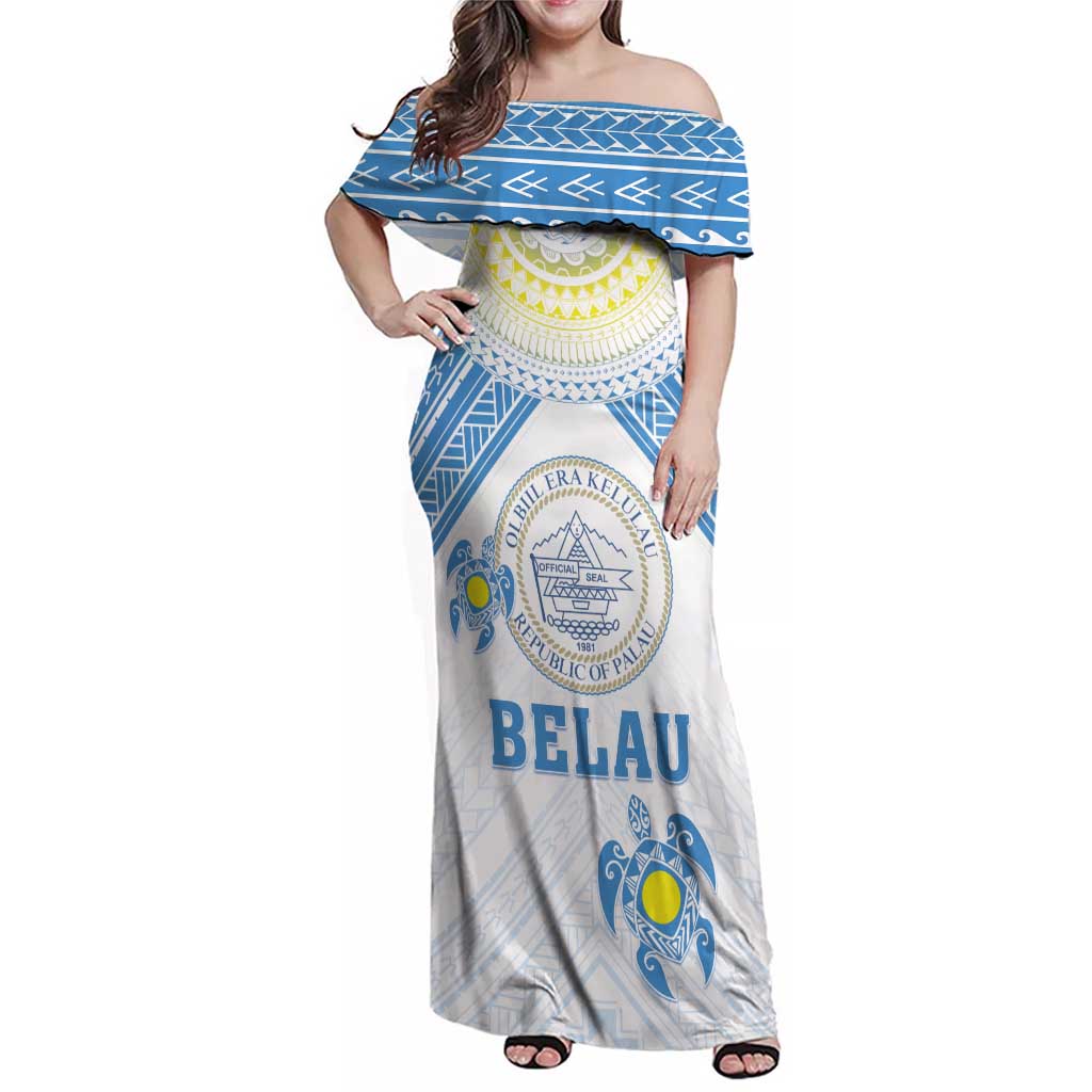 Personalised Palau Constitution Day Family Matching Off Shoulder Maxi Dress and Hawaiian Shirt Polynesian Turtle LT05 Mom's Dress Blue - Polynesian Pride