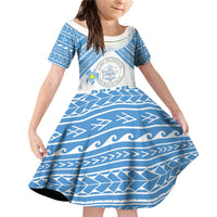Personalised Palau Constitution Day Family Matching Off Shoulder Short Dress and Hawaiian Shirt Polynesian Turtle LT05 Daughter's Dress Blue - Polynesian Pride