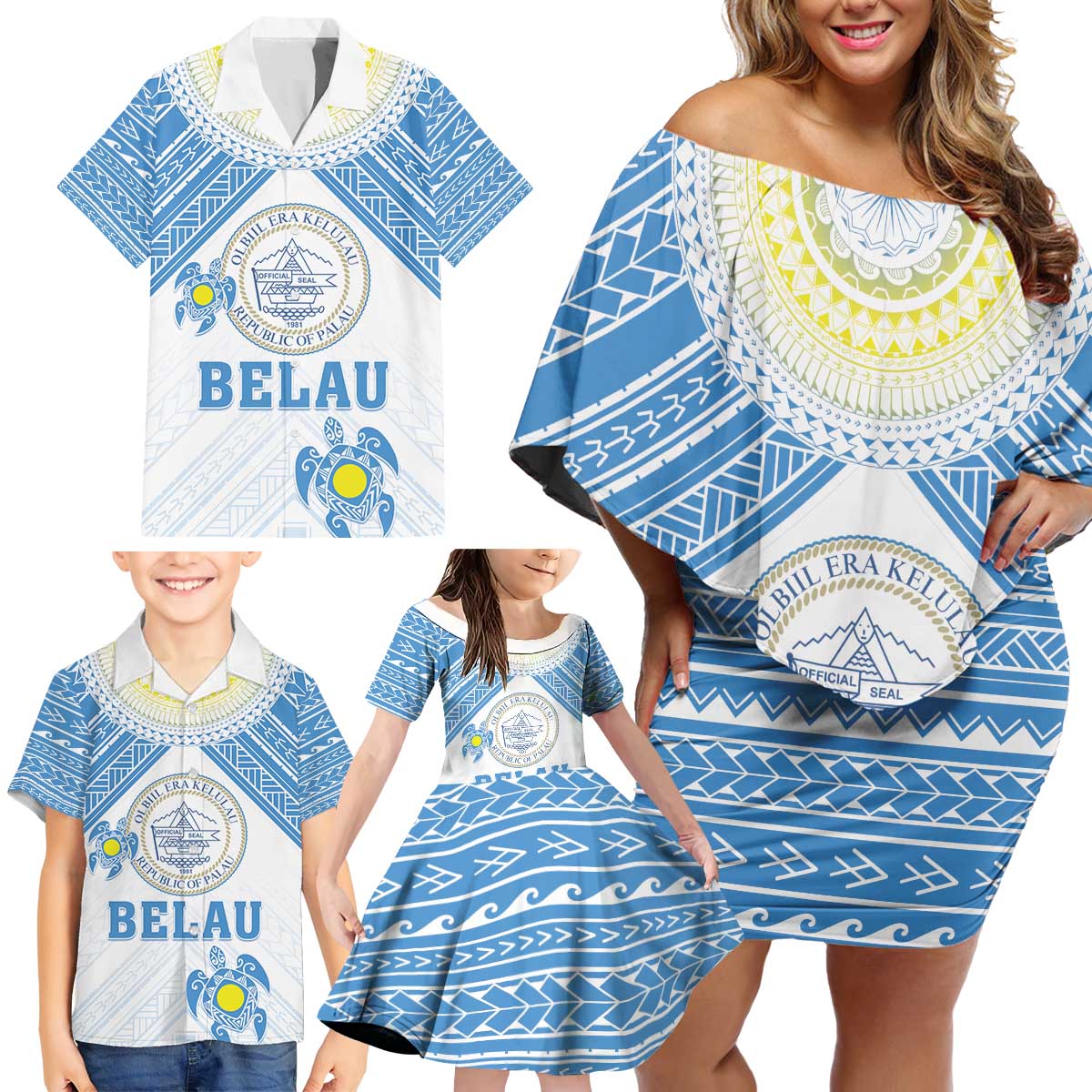 Personalised Palau Constitution Day Family Matching Off Shoulder Short Dress and Hawaiian Shirt Polynesian Turtle LT05 - Polynesian Pride