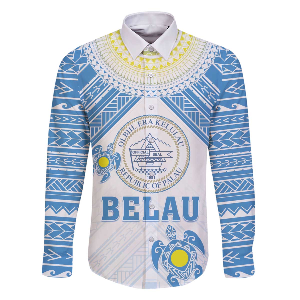 Personalised Palau Constitution Day Family Matching Off Shoulder Short Dress and Hawaiian Shirt Polynesian Turtle LT05 Dad's Shirt - Long Sleeve Blue - Polynesian Pride