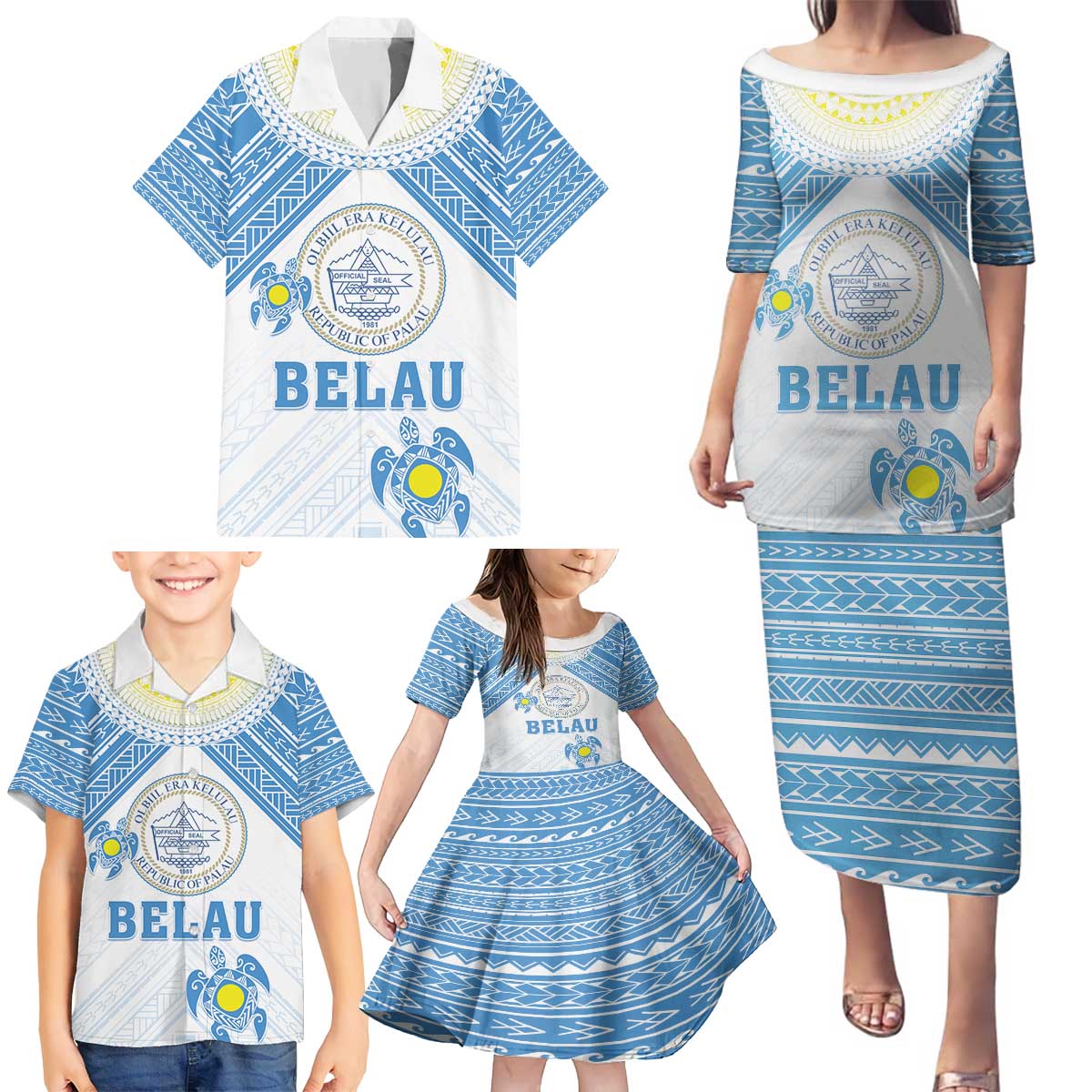 Personalised Palau Constitution Day Family Matching Puletasi and Hawaiian Shirt Polynesian Turtle LT05 - Polynesian Pride