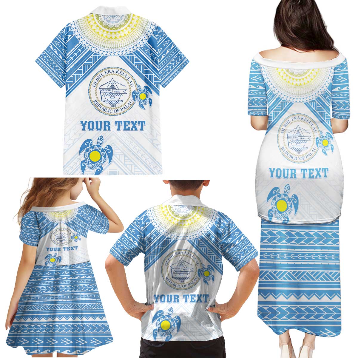 Personalised Palau Constitution Day Family Matching Puletasi and Hawaiian Shirt Polynesian Turtle LT05 - Polynesian Pride