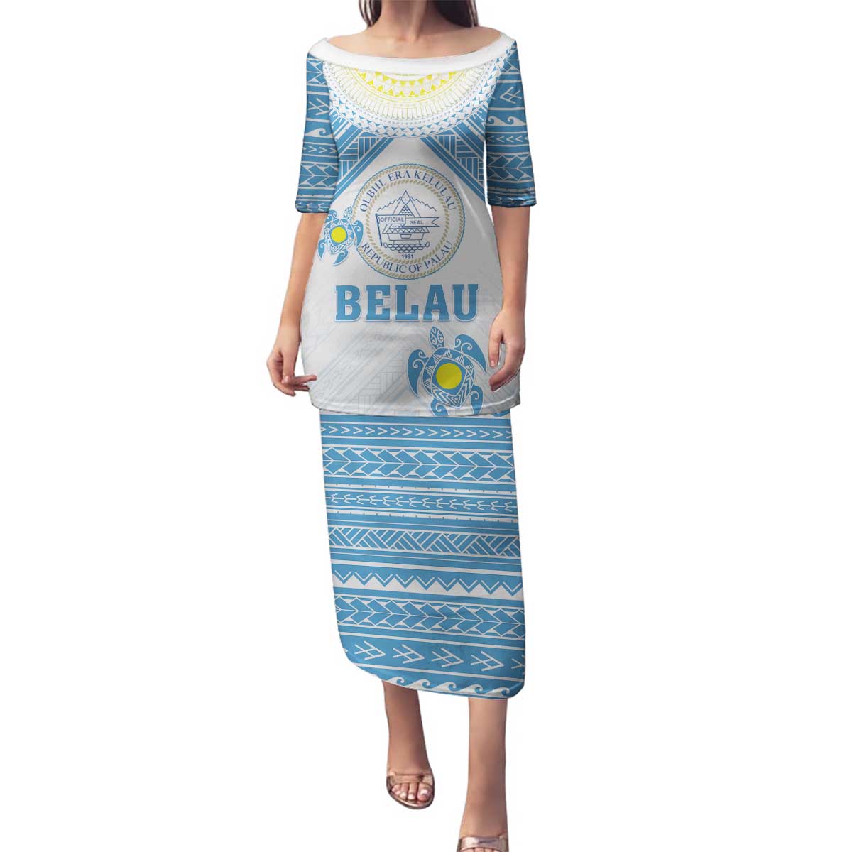 Personalised Palau Constitution Day Family Matching Puletasi and Hawaiian Shirt Polynesian Turtle LT05 Mom's Dress Blue - Polynesian Pride