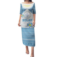 Personalised Palau Constitution Day Family Matching Puletasi and Hawaiian Shirt Polynesian Turtle LT05 Mom's Dress Blue - Polynesian Pride