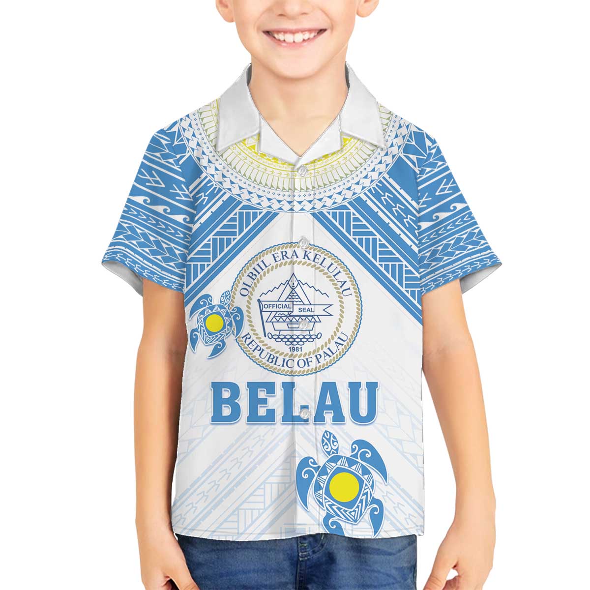 Personalised Palau Constitution Day Family Matching Puletasi and Hawaiian Shirt Polynesian Turtle LT05 Son's Shirt Blue - Polynesian Pride