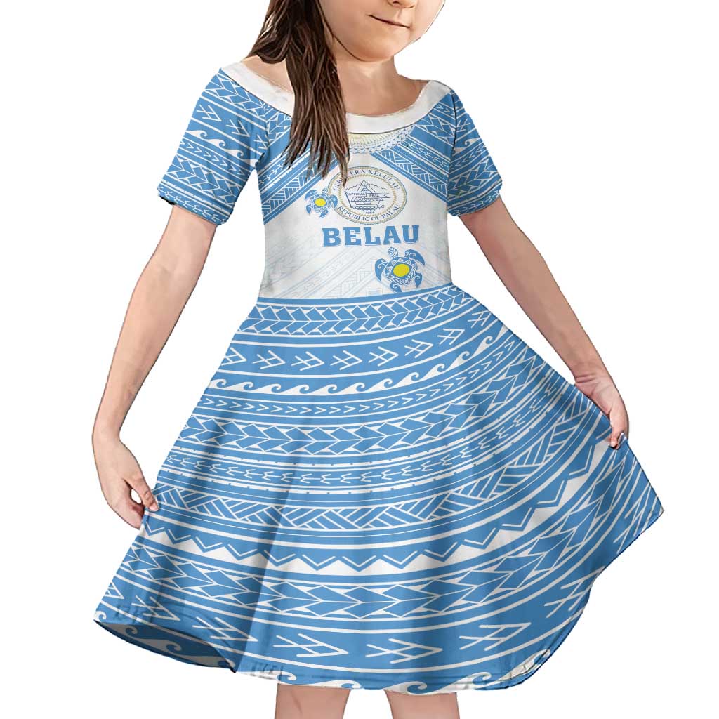 Personalised Palau Constitution Day Family Matching Tank Maxi Dress and Hawaiian Shirt Polynesian Turtle LT05 Daughter's Dress Blue - Polynesian Pride