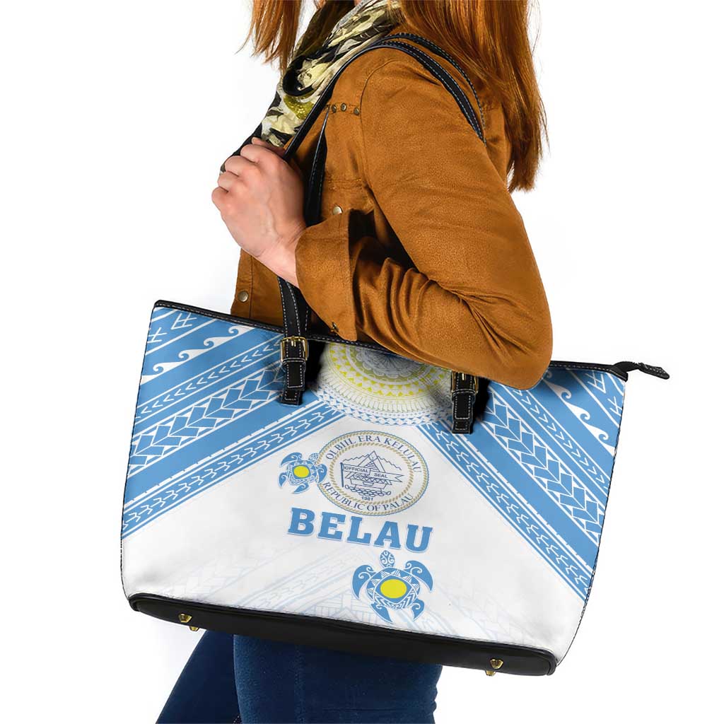 Palau Constitution Day Leather Tote Bag Polynesian Turtle LT05 Blue - Polynesian Pride