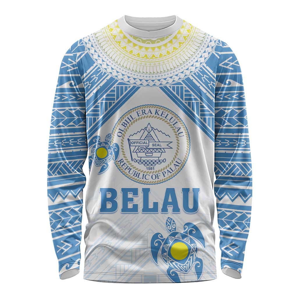 Personalised Palau Constitution Day Long Sleeve Shirt Polynesian Turtle LT05 Unisex Blue - Polynesian Pride