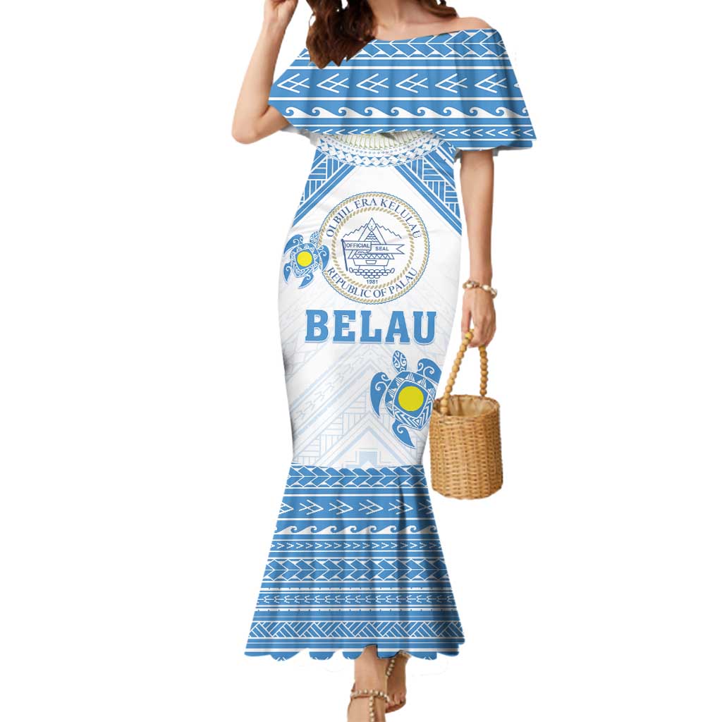 Personalised Palau Constitution Day Mermaid Dress Polynesian Turtle LT05 Women Blue - Polynesian Pride