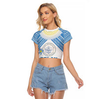 Personalised Palau Constitution Day Raglan Cropped T Shirt Polynesian Turtle LT05 Female Blue - Polynesian Pride