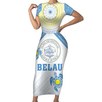 Personalised Palau Constitution Day Short Sleeve Bodycon Dress Polynesian Turtle LT05 Long Dress Blue - Polynesian Pride