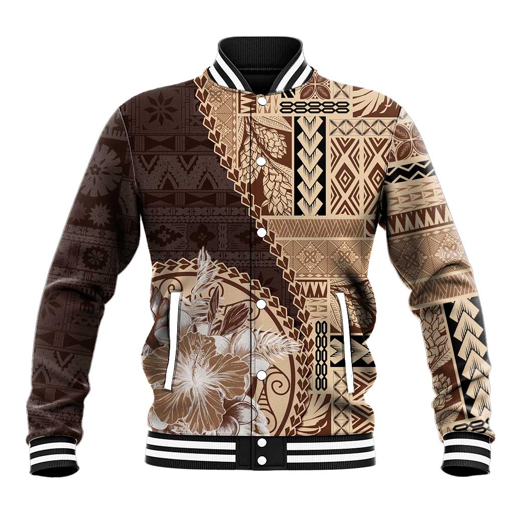 Samoa Siapo Elegant Baseball Jacket Hibiscus Chocolate Brown Motifs - Polynesian Pride