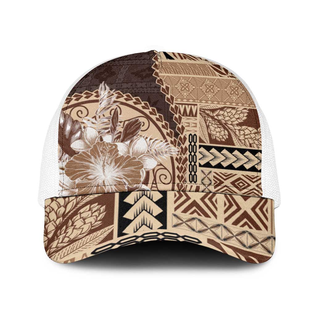 Samoa Siapo Elegant Baseball Net Cap Hibiscus Chocolate Brown Motifs - Polynesian Pride