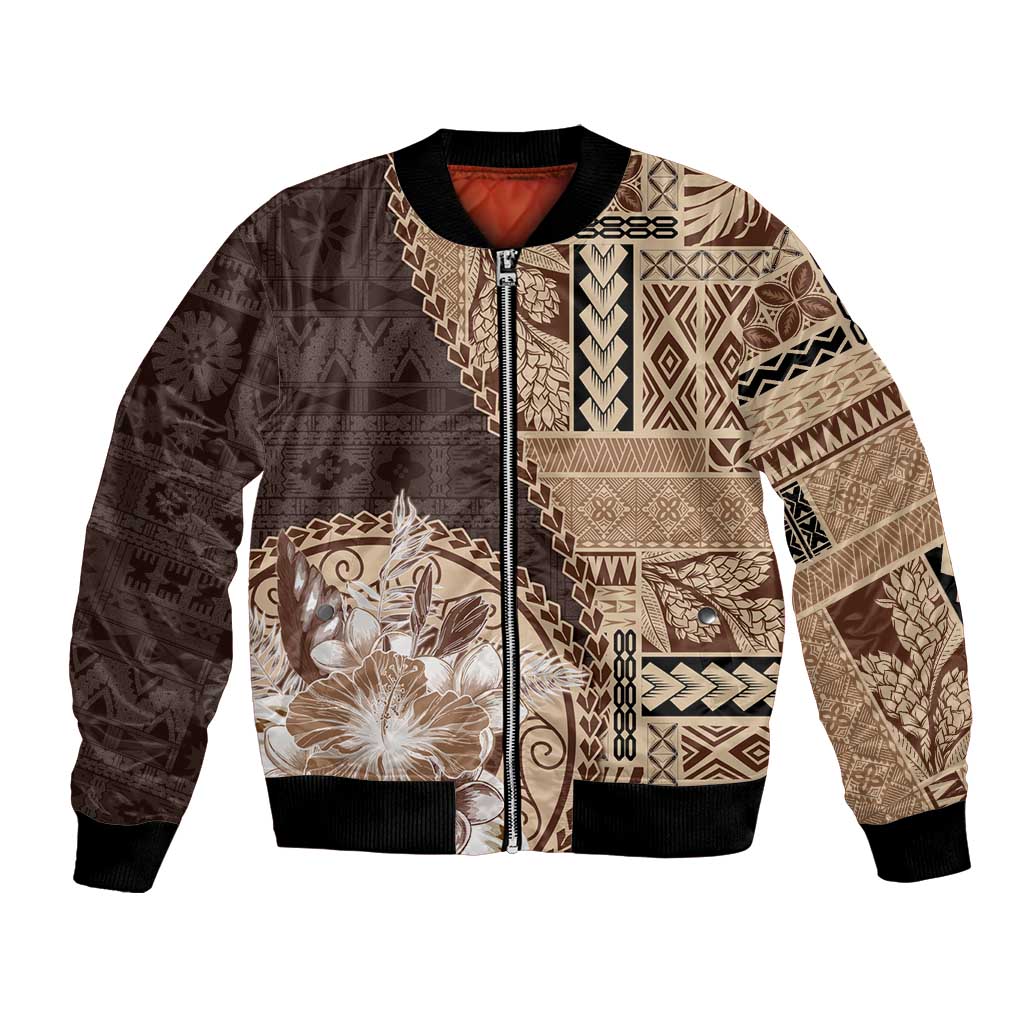 Samoa Siapo Elegant Bomber Jacket Hibiscus Chocolate Brown Motifs - Polynesian Pride
