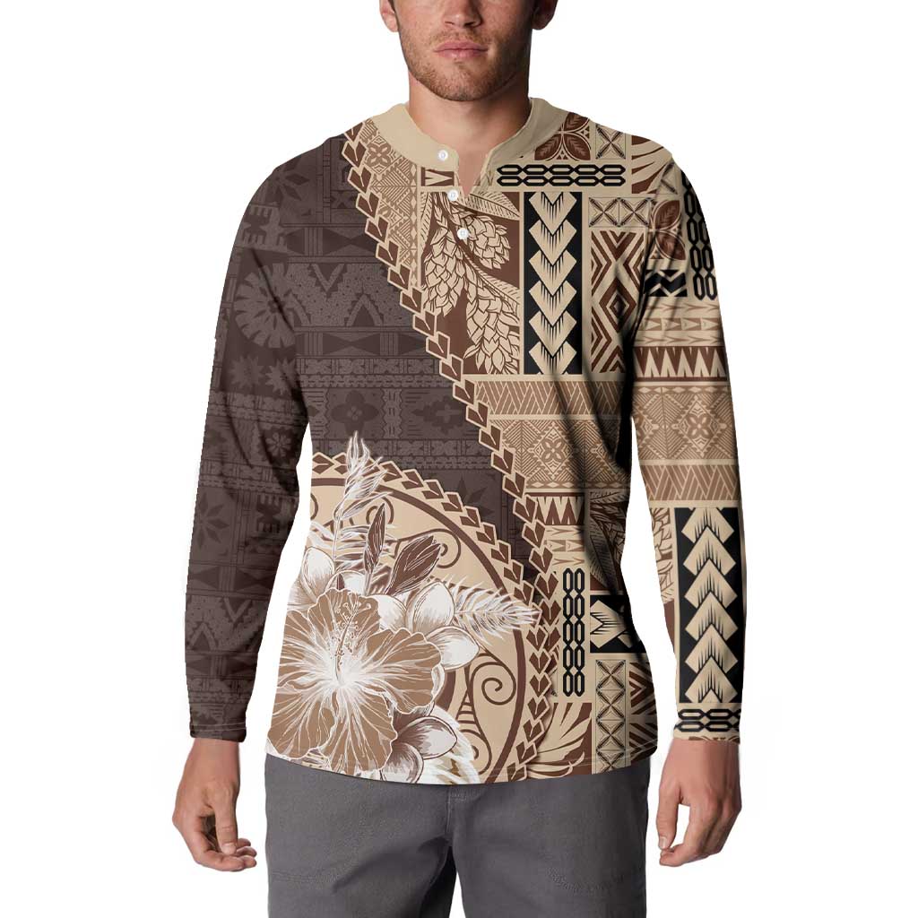 Samoa Siapo Elegant Button Sweatshirt Hibiscus Chocolate Brown Motifs - Polynesian Pride