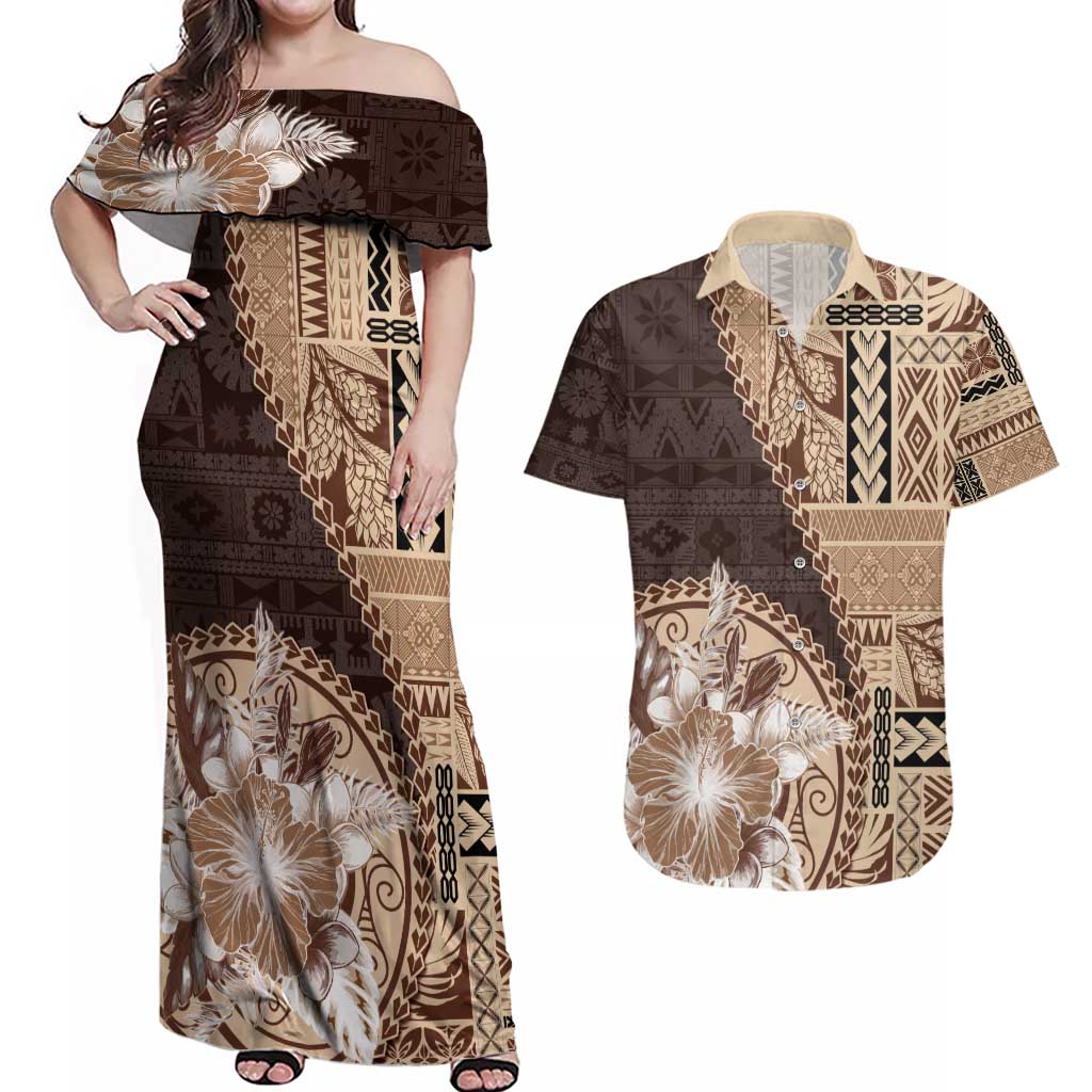 Samoa Siapo Elegant Couples Matching Off Shoulder Maxi Dress and Hawaiian Shirt Hibiscus Chocolate Brown Motifs - Polynesian Pride