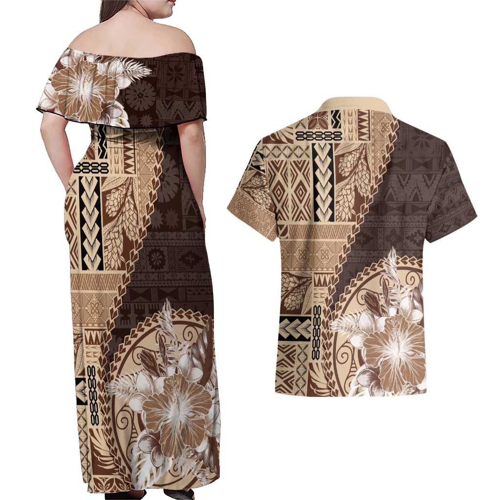 Samoa Siapo Elegant Couples Matching Off Shoulder Maxi Dress and Hawaiian Shirt Hibiscus Chocolate Brown Motifs - Polynesian Pride
