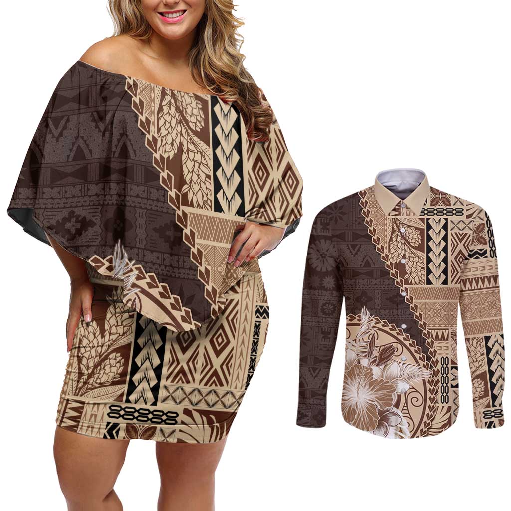 Samoa Siapo Elegant Couples Matching Off Shoulder Short Dress and Long Sleeve Button Shirt Hibiscus Chocolate Brown Motifs - Polynesian Pride