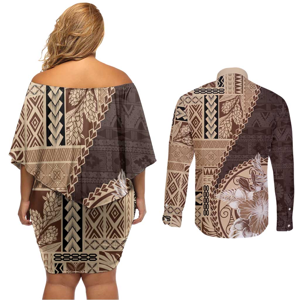Samoa Siapo Elegant Couples Matching Off Shoulder Short Dress and Long Sleeve Button Shirt Hibiscus Chocolate Brown Motifs - Polynesian Pride