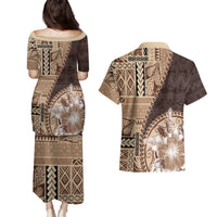 Samoa Siapo Elegant Couples Matching Puletasi and Hawaiian Shirt Hibiscus Chocolate Brown Motifs - Polynesian Pride