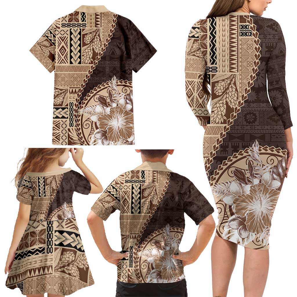 Samoa Siapo Elegant Family Matching Long Sleeve Bodycon Dress and Hawaiian Shirt Hibiscus Chocolate Brown Motifs - Polynesian Pride