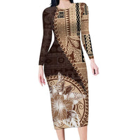 Samoa Siapo Elegant Family Matching Long Sleeve Bodycon Dress and Hawaiian Shirt Hibiscus Chocolate Brown Motifs - Polynesian Pride