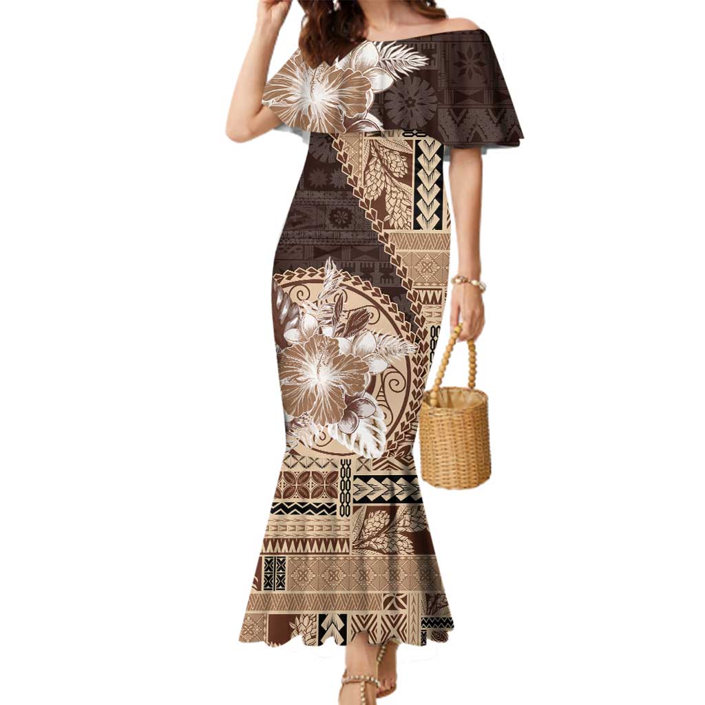 Samoa Siapo Elegant Family Matching Mermaid Dress and Hawaiian Shirt Hibiscus Chocolate Brown Motifs - Polynesian Pride