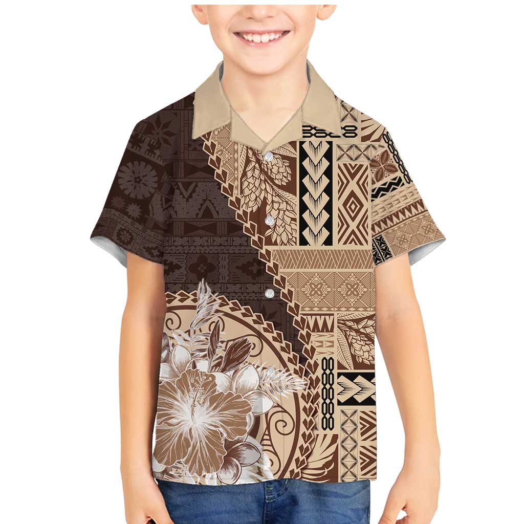 Samoa Siapo Elegant Family Matching Mermaid Dress and Hawaiian Shirt Hibiscus Chocolate Brown Motifs - Polynesian Pride